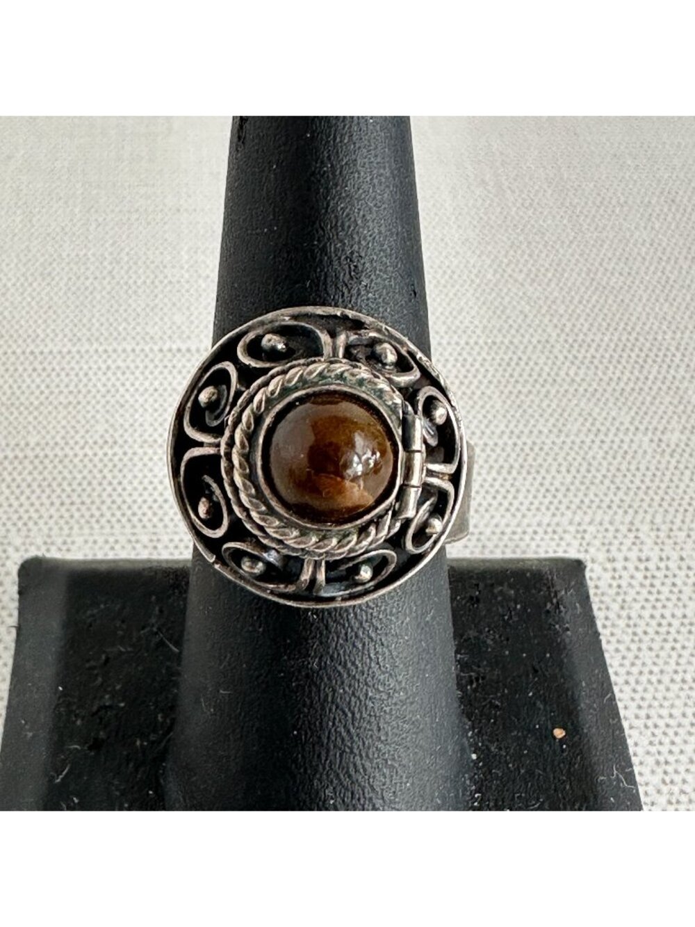 Vintage Mexican Sterling Silver and Tigers Eye ARCO Filigree Ring Adjustable Eag